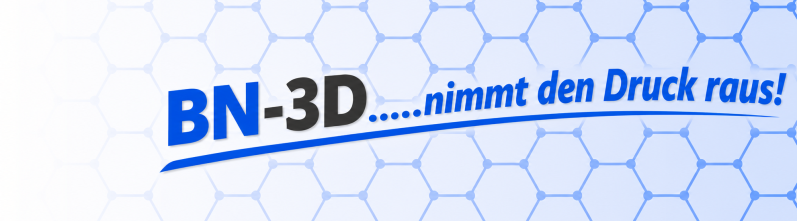 Wir nehmen ihnen den Druck Logo von BN-3D mit einem 3D-Drucksymbol und mechanischen Zahnrädern.